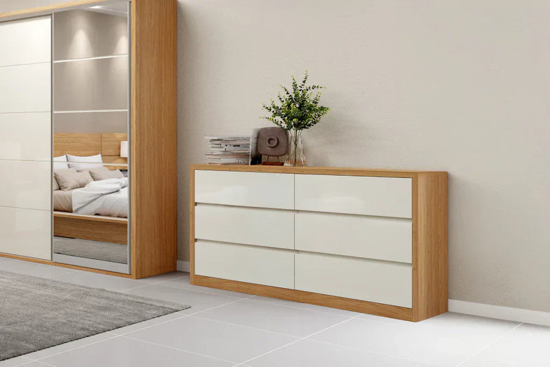 Cômoda 6 Gavetas em MDF - Branco e Amadeirado